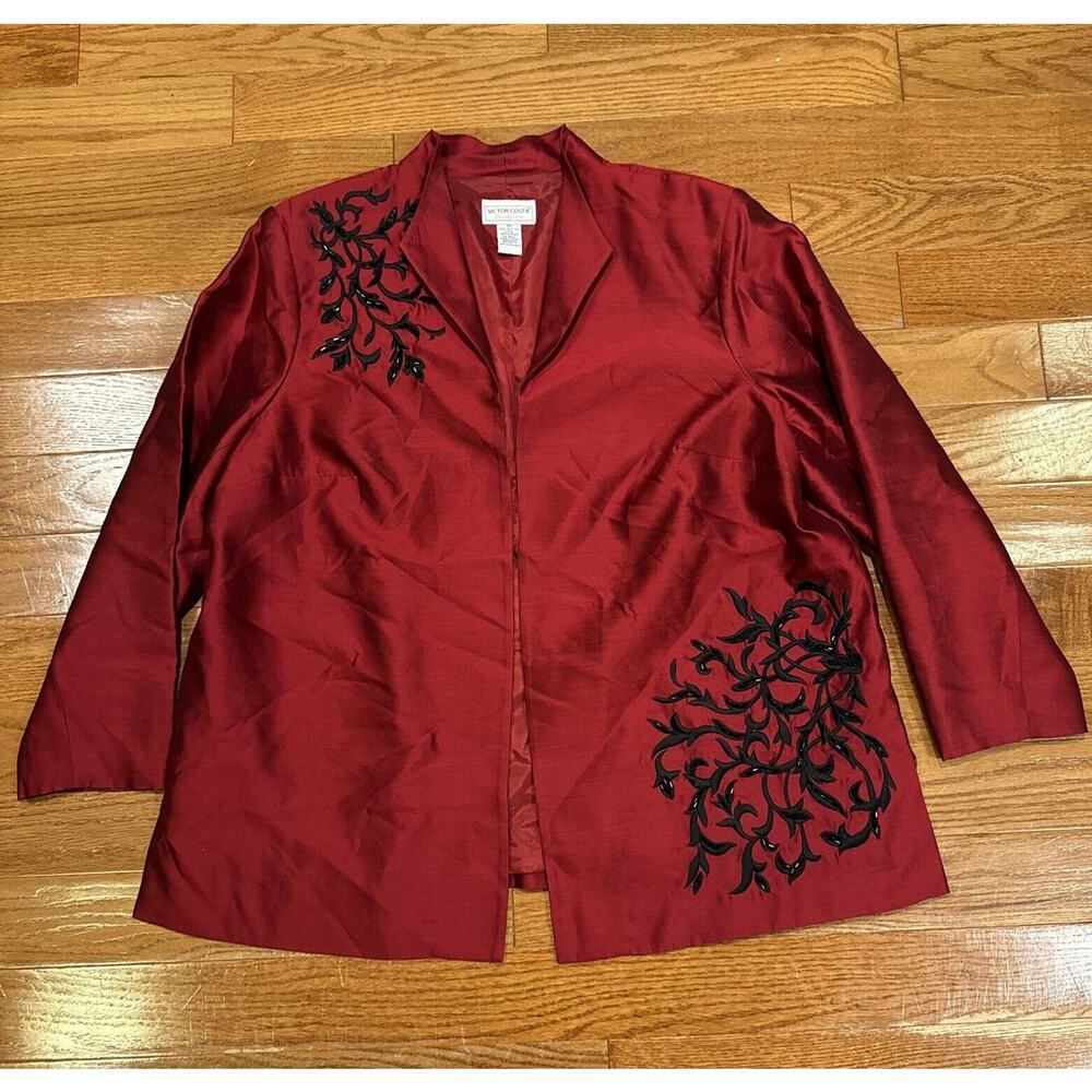 Victor Costa Red Floral Embroidered Beaded Formal Long Jacket 2X 100% Silk